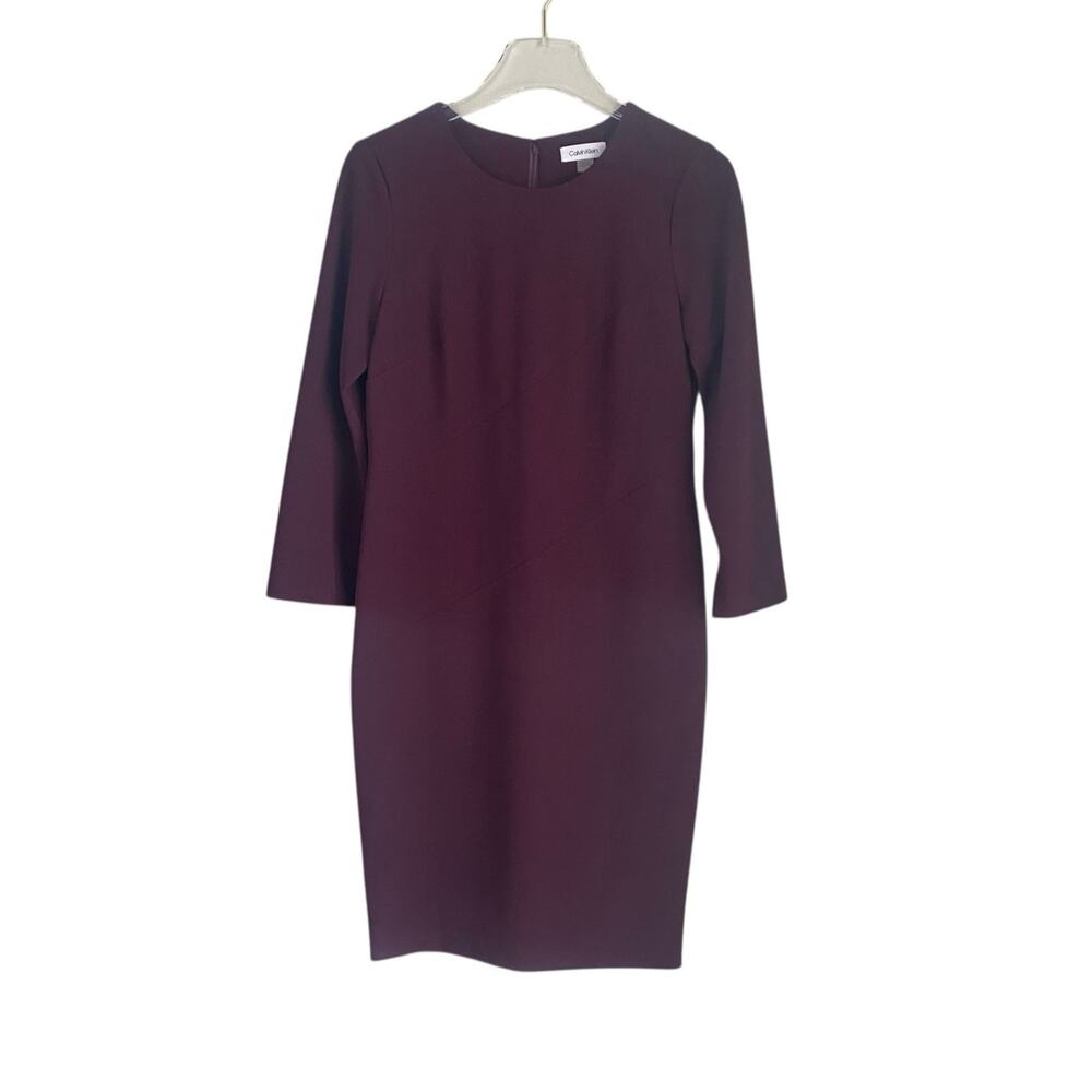 Calvin Klein Aubergine Plum Sheath Dress 3/4 Sleeves Size 6 Office To Cocktails